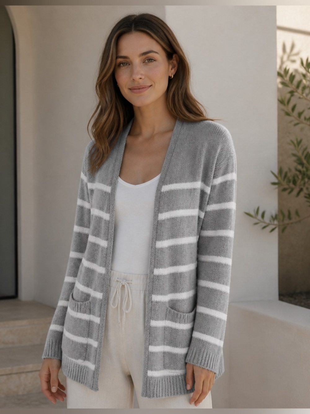 NWT Sigrid Olsen Women's Small Gray Cardigan Striped Sweater Pockets Open Thick